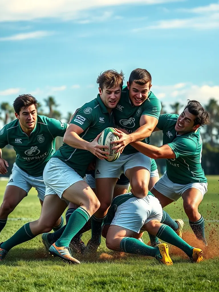 A high-energy image of a rugby match with LES GENETS UZERCHOIS team members tackling and passing the ball, demonstrating strength and strategy on the field.