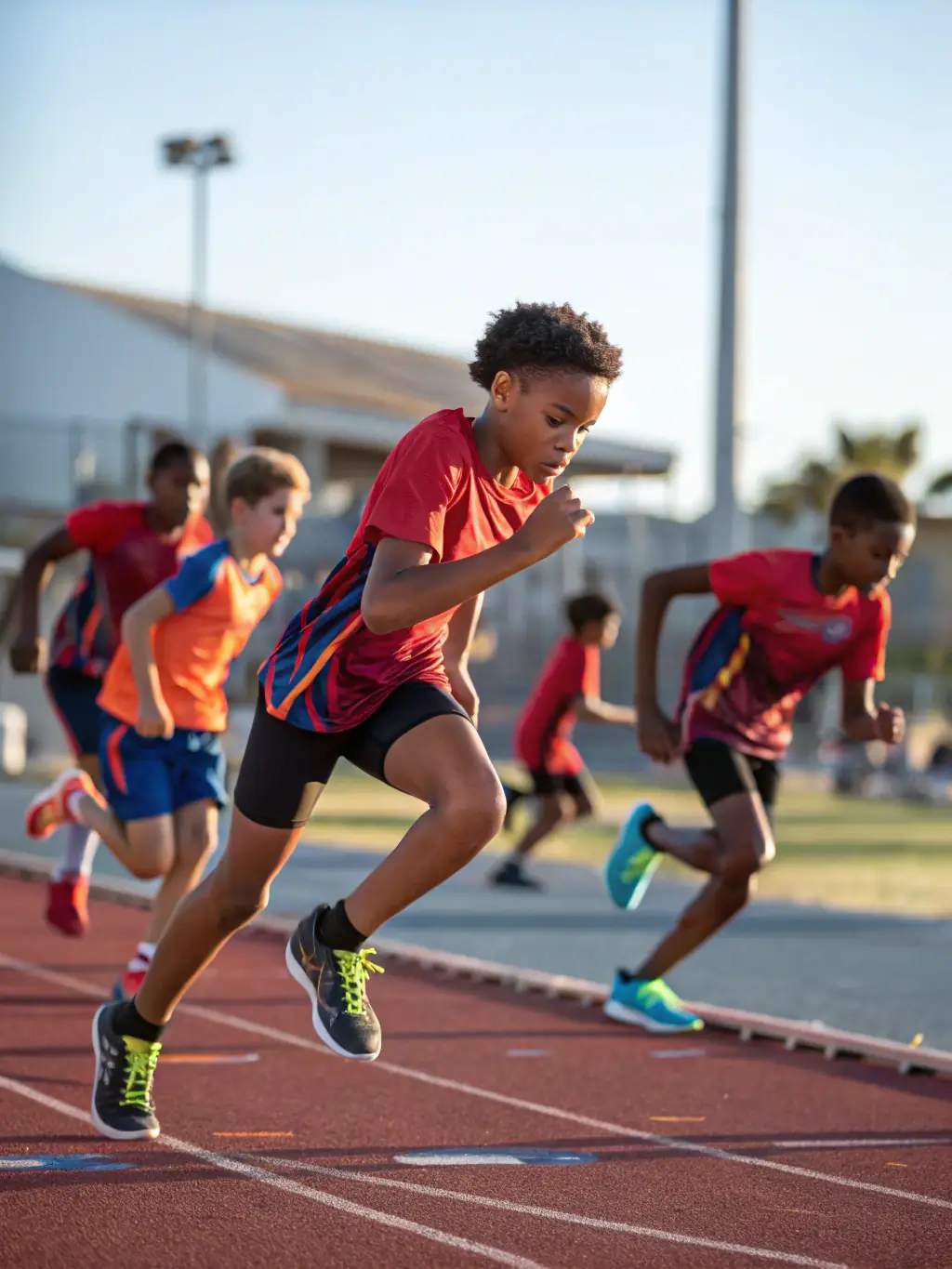 A group of young athletes in LES GENETS UZERCHOIS uniforms are doing warm-up exercises on a track field, focusing on stretching and flexibility, showcasing the fitness aspect of the program.
