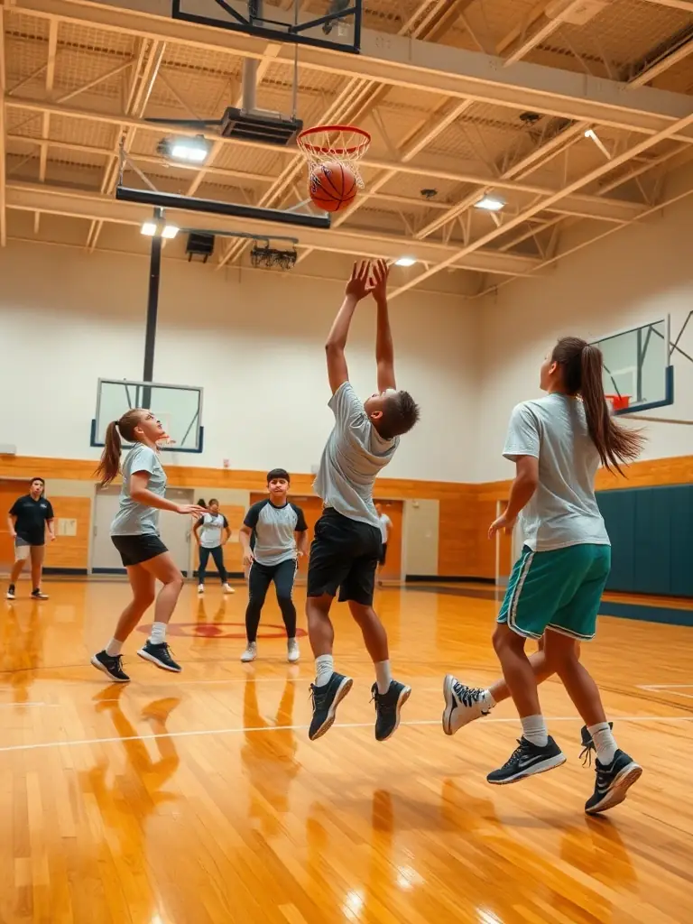 Action shot of young athletes playing basketball indoors, focusing on teamwork and skill development during a LES GENETS UZERCHOIS basketball program.