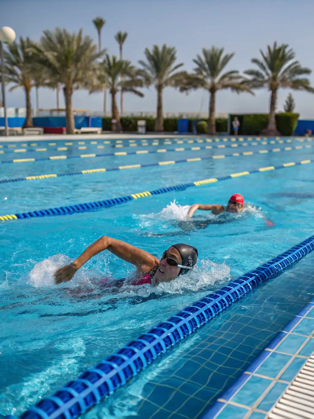 Swimmers practicing different strokes in a swimming pool during a training session at LES GENETS UZERCHOIS, emphasizing technique and fitness.