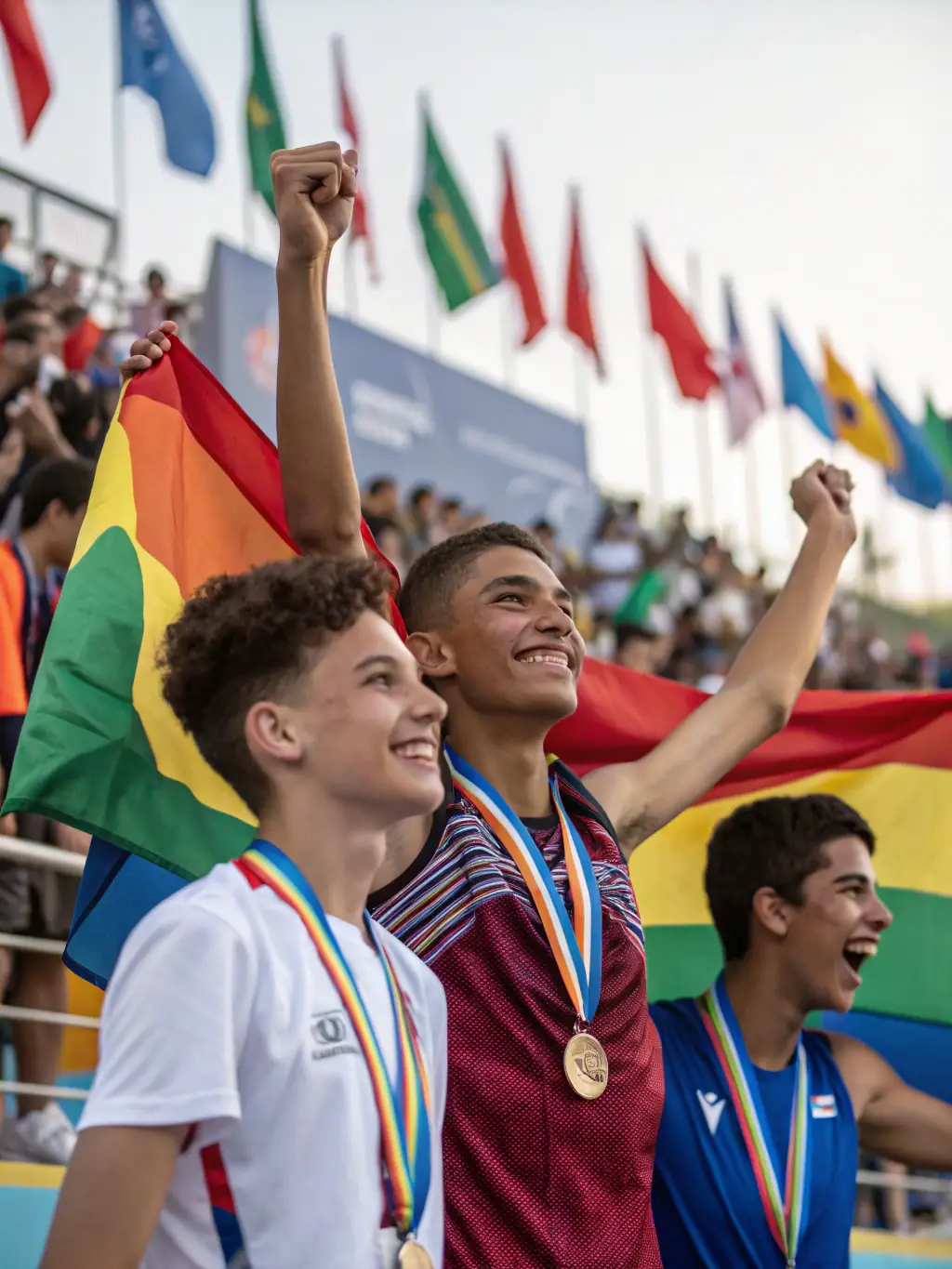 A diverse group of LES GENETS UZERCHOIS athletes are celebrating a victory together, showcasing the inclusive and community-oriented nature of the organization.