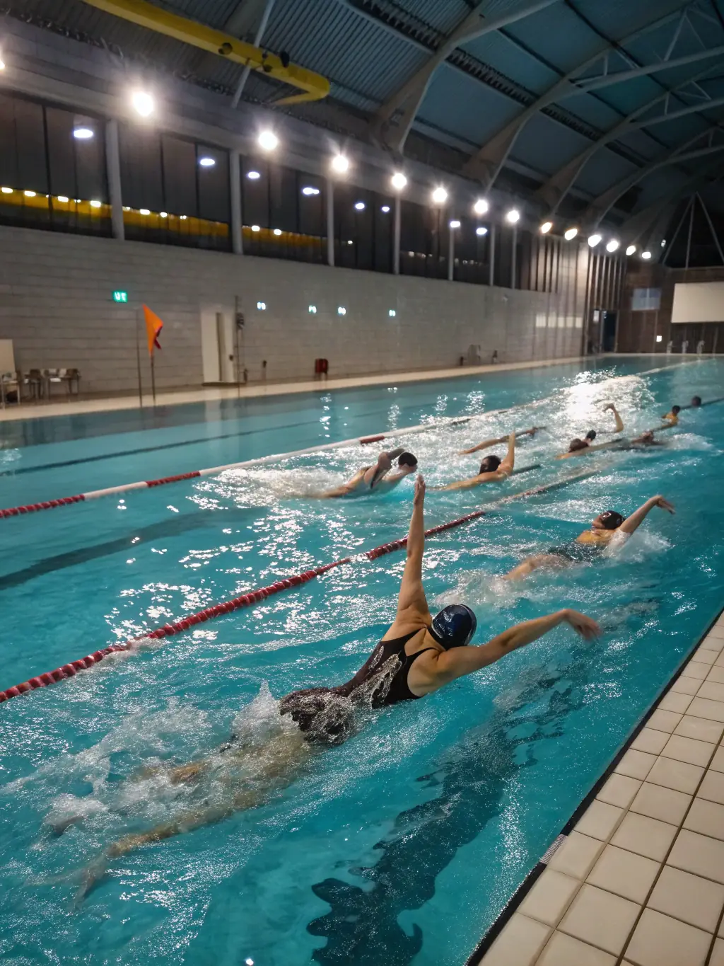 A serene image of swimmers from LES GENETS UZERCHOIS practicing in a pool, highlighting the grace and power of their strokes.