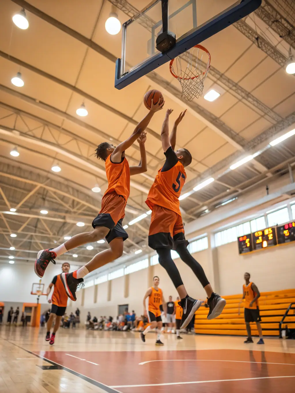 A dynamic action shot of a basketball game featuring LES GENETS UZERCHOIS players in their team jerseys, showcasing teamwork and skill during a competitive match.