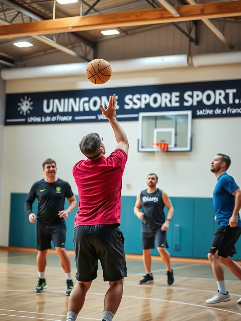 A team of LES GENETS UZERCHOIS basketball players are huddled together during a game, strategizing and supporting each other, emphasizing the importance of teamwork.