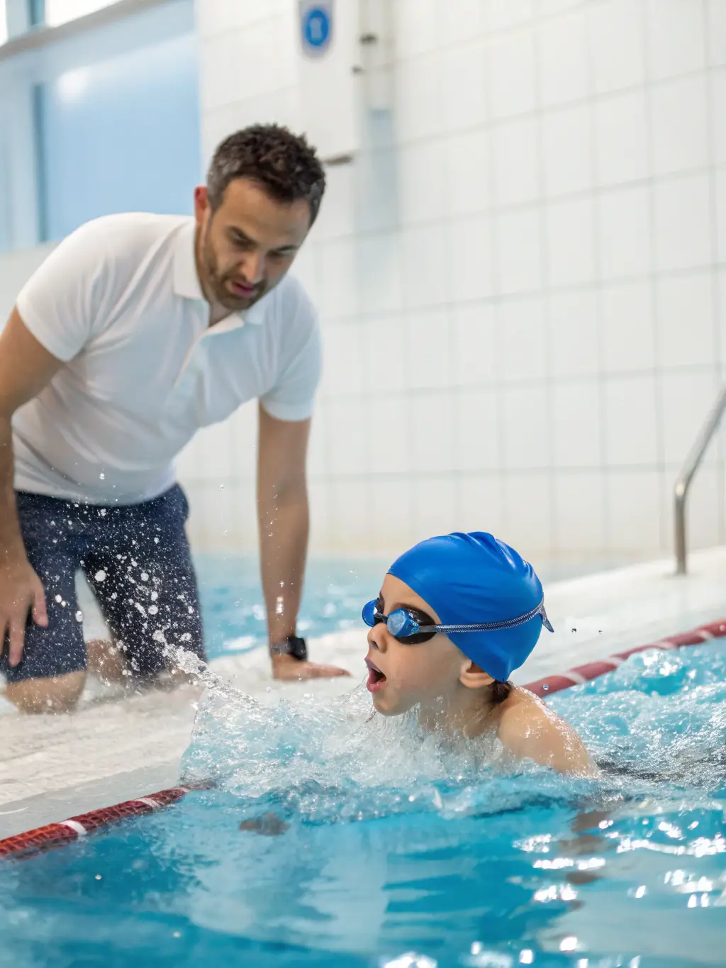 Swimmers in a pool during a LES GENETS UZERCHOIS swimming lesson, emphasizing technique and water safety.